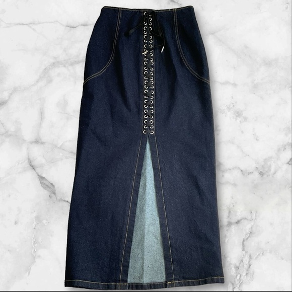 Forever 21 BLUE Denim Skirt Maxi Corset Tie Split Zipper Straight SZ S Women - Picture 2 of 7
